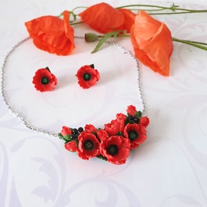 Regalo di collana di papaveri rossi Set di gioielli di papavero Nozze di fiori selvatici Regalo di papaveri Gioielli di papaveri rossi Collana di fiori rossi Regalo di collana di fiori rossi