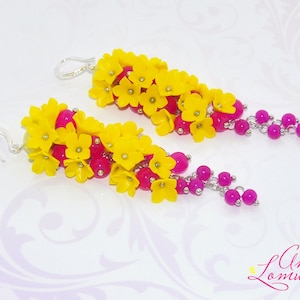 Flower Yellow earrings Wife gift Yellow Pink Earring Flower Long Earring Bright flower earring Yellow floral earring Fuchsia flower earrings