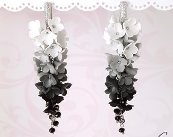白と黒のイヤリング 白と黒の花のイヤリング 白の花のイヤリング 黒のブライダルイヤリング 黒のステートメントイヤリング 黒のロングイヤリング