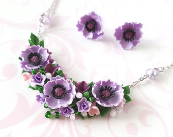 Light purple jewelry set Purple flower necklace gift Lilac floral necklace Purple bridesmaid gift Lavender wedding necklace Poppy necklace
