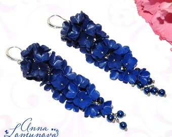 Navy Blue long earrings Dark blue earrings  Blue Evening earrings Navy Blue jewelry Blue flower earring floral earrings Polymer Clay Earring