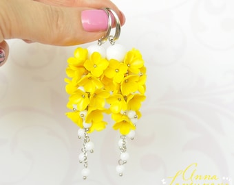 Yellow earrings. Yellow floral earrings gift. White yellow long earrings. Yellow polymer earrings. Bright flower earrings. Wedding jewelry