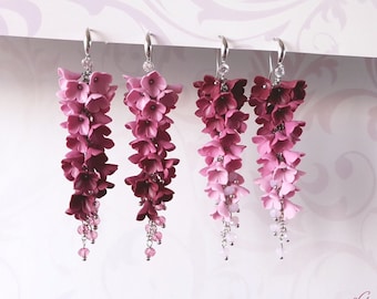Pink Burgundy Ombre Earrings Flower long earrings Pink Burgundy Ombre jewelry Pink floral earrings Pink Ombre Earrings Flower trendy earring