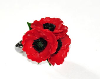 Poppies ring Red poppies ring Red Ethnic ring Poppies for her Poppies jewelry Adjustable red ring Red statement ring Red flower ring poppy