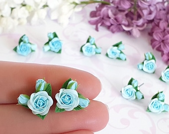 Light blue rose earrings Light blue stud earrings Blue flower earrings Rose everyday earrings Blue delicate earrings Romantic earrings gift