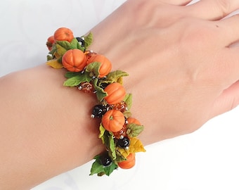 Halloween jewelry gift Halloween bracelet and earrings Cute pumpkins jewelry set Pumpkin bracelet Clay pumpkin earrings Autumn bracelet gift