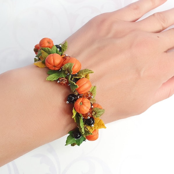 Halloween jewelry gift Halloween bracelet and earrings Cute pumpkins jewelry set Pumpkin bracelet Clay pumpkin earrings Autumn bracelet gift