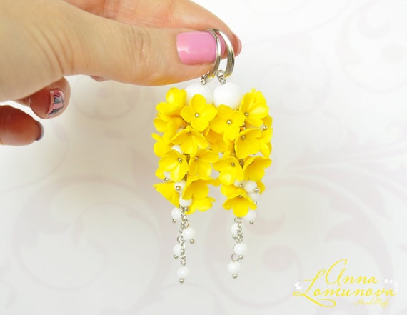 Yellow Earrings Yellow Floral Earrings Gift White Yellow Long
