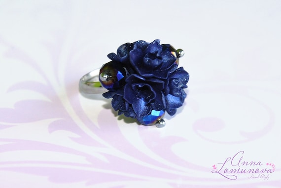 Dark blue ring, Cocktail ring, Adjustable blue ring, Navy blue ring, Blue Gemstone ring, Blue floral ring, Statement flower ring