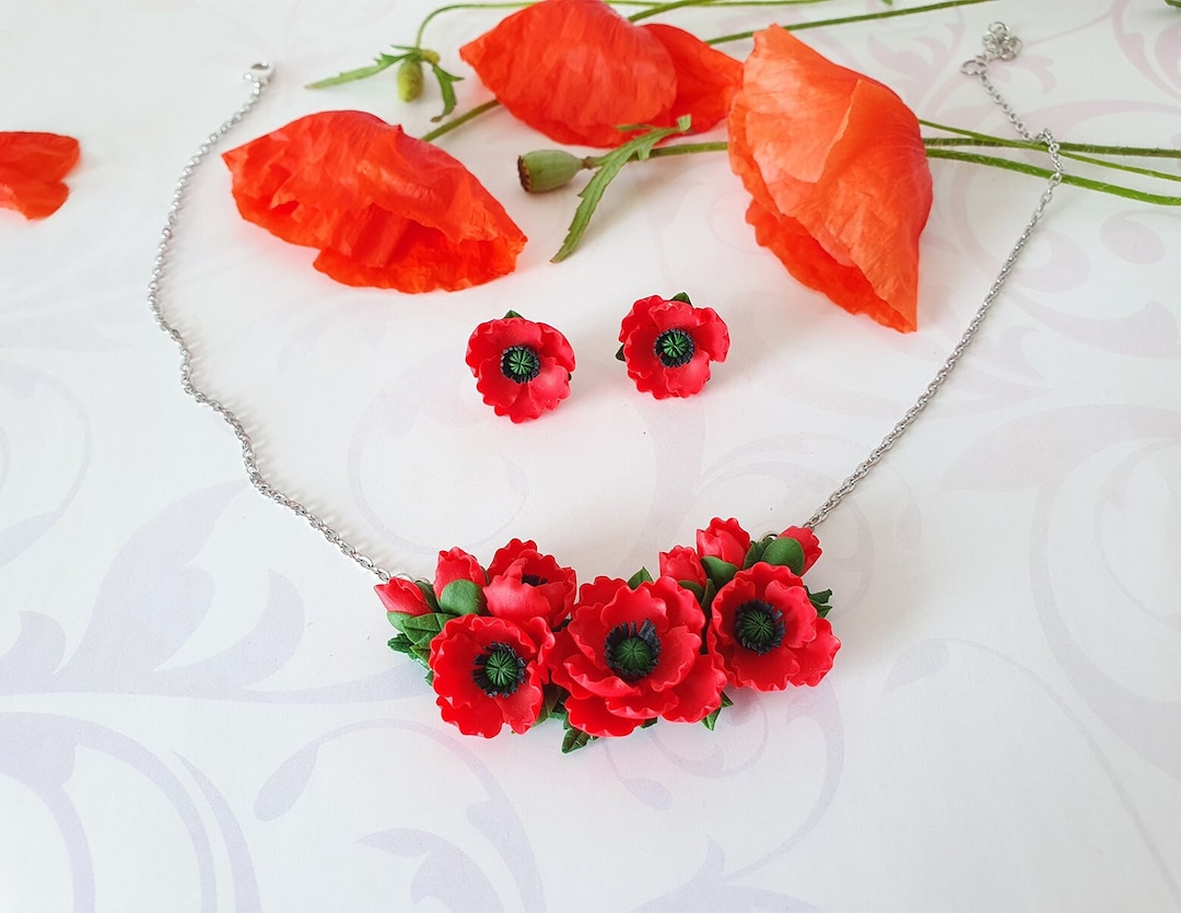 Poppy Jewelry Set Red Poppy Necklace Gift Wildflower Wedding Etsy
