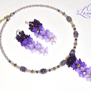 Parure de bijoux mauve Parure de bijoux fleur mauve Collier fleur mauve Collier fleur lilas Cadeau femme mauve Parure de bijoux lilas Collier violet image 9