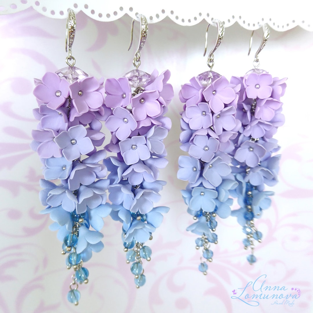 Blue Purple Ombre Earrings Blue Ombre Girlfriend Gift Flower Long Earrings Purple Blue Wife Gift Floral Ombre Earring Blue Ombre Jewelry Etsy
