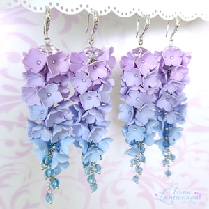 Blue purple Ombre Earrings Blue Ombre girlfriend gift  Flower long earrings Purple Blue wife gift Floral Ombre Earring Blue Ombre jewelry