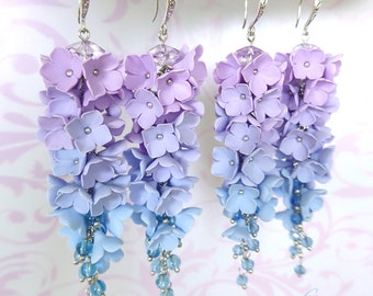 Blue purple Ombre Earrings Blue Ombre girlfriend gift  Flower long earrings Purple Blue wife gift Floral Ombre Earring Blue Ombre jewelry