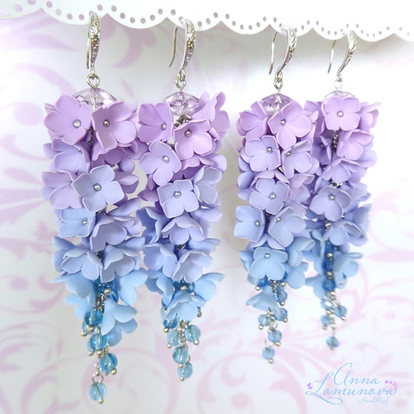 Blue purple Ombre Earrings Blue Ombre girlfriend gift  Flower long earrings Purple Blue wife gift Floral Ombre Earring Blue Ombre jewelry