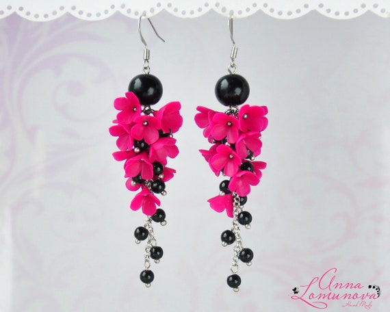 Black Pink Earrings Hot Pink Statement Earrings Hot Pink Bridesmaid Earrings  Flowers Long Earrings Blooming Earring Gift Floral Pink Jewelry - Etsy UK