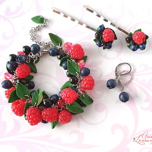 Berries jewelry set Berries bracelet Berries hairpin Raspberries bracelet gift Blueberry earring Berry jewelry gift Raspberries hairpin gift