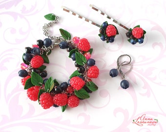 Berries jewelry set Berries bracelet Berries hairpin Raspberries bracelet gift Blueberry earring Berry jewelry gift Raspberries hairpin gift