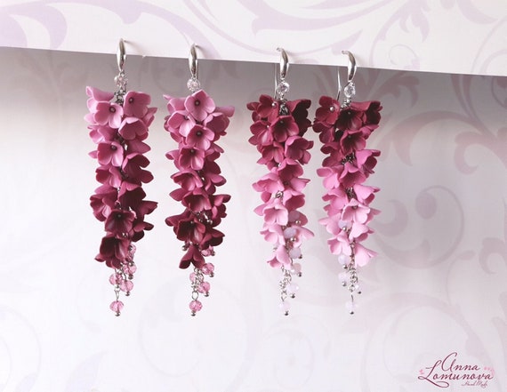 Pink Burgundy Ombre Earrings Flower long earrings Pink Burgundy Ombre jewelry Pink floral earrings Pink Ombre Earrings Flower trendy earring