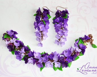 Bijoux cadeau en améthyste Bijoux en améthyste pour femme Ensemble de bijoux violet Bracelet violet Bracelet fleur boucle d'oreille Bijoux de printemps Ensemble de bijoux fleur