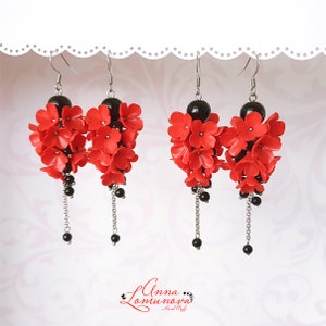 Red black earrings Red Wife gift Red floral earrings Black Red Long earrings gift Red earrings Wife gift Red statement earrings Polymer clay