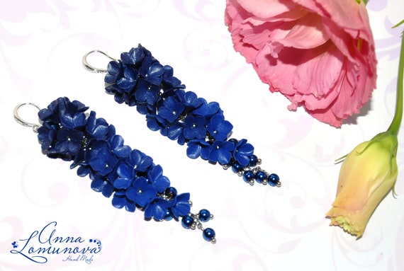 Navy Blue long earrings Dark blue earrings  Blue Evening earrings Navy Blue jewelry Blue flower earring floral earrings Polymer Clay Earring
