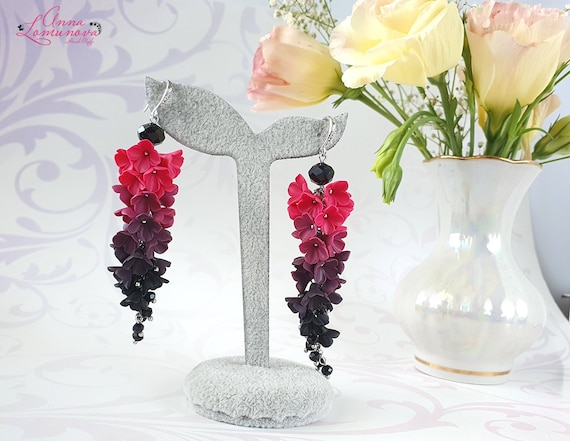 Black pink ombre earrings Hot pink Ombre earrings Fuchsia pink earrings gift Flower long earrings Hot pink statement earrings Ombre jewelry