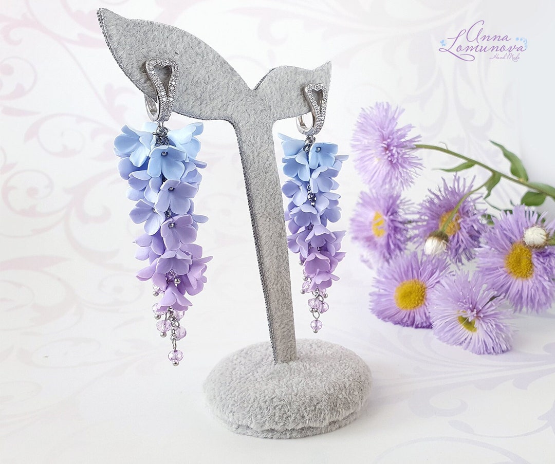 Ombre Earrings Blue Purple Ombre Earrings Flower Long Earrings Floral ...