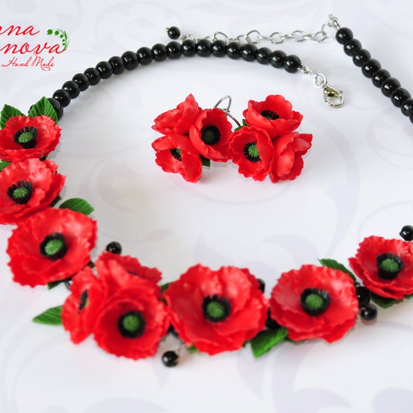 Red poppy necklace Ethnic wedding poppy necklace Red statement necklace Poppy wedding necklace Red flowers necklace Poppy wedding jewelry