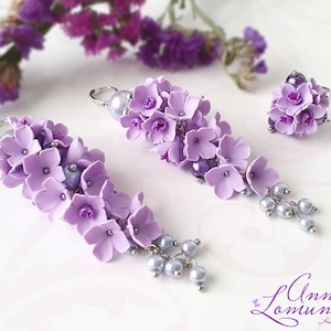 Purple jewelry set Purple flower earring ring Violet flower ring earring Lilac flower jewelry birthday gift Lavender bridesmaid jewelry set