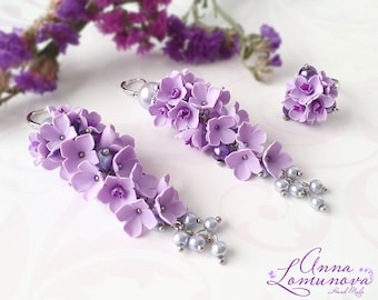 Ensemble de bijoux violet Bague de boucle d’oreille Fleur violette Bague de fleur violette Boucle d’oreille Bijoux de fleur de lilas cadeau d’anniversaire Ensemble de bijoux de demoiselle d’honneur Lavande