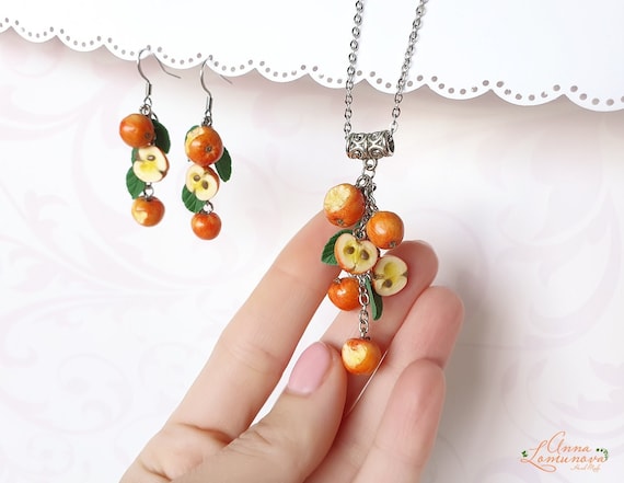 Apple earrings Fruit earrings Apple pendant Fruit pendant Summer earrings Miniature food earrings Fruit jewelry set Food earrings pendant