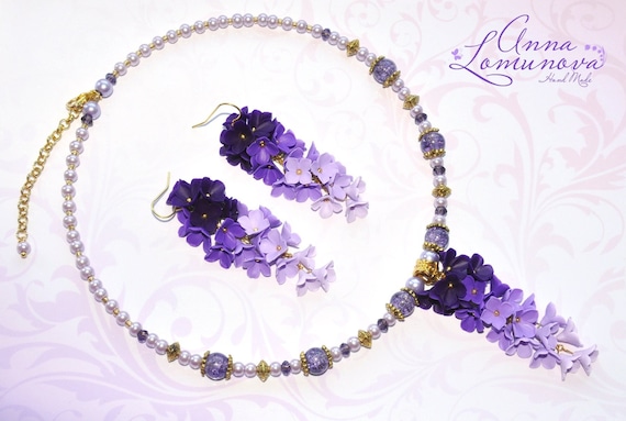 Purple Jewelry Set Purple Flower Jewelry Set Purple Flower necklace Lilac flower necklace Purple wife gift Lilac Jewelry Set Violet necklace