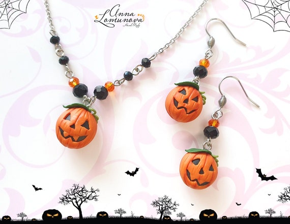 Halloween jewelry set gift Pumpkin earrings and pendant Halloween jewelry gift Orange pumpkin earrings gift Halloween polymer clay earrings