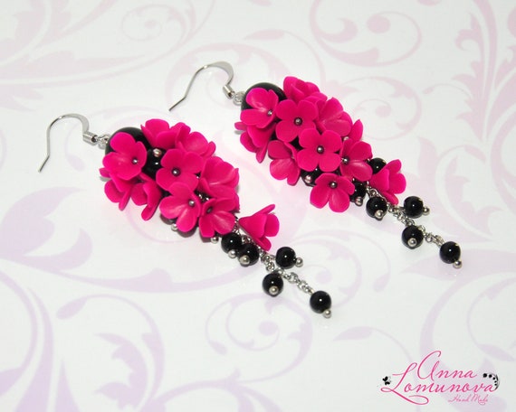 Black Pink Earrings Hot Pink Statement Earrings Hot Pink Bridesmaid Earrings Flowers Long Earrings Blooming Earring Gift Floral Pink Jewelry Etsy