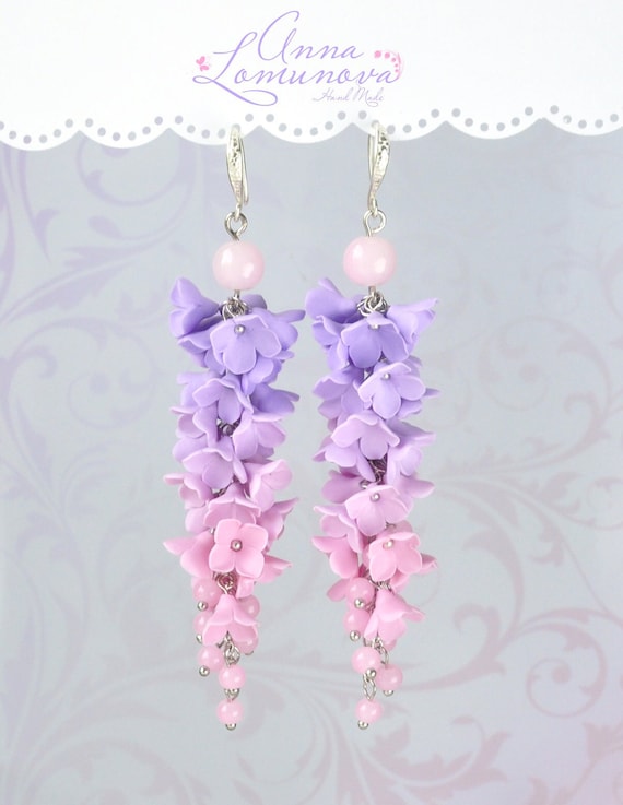 Pink purple Ombre Earrings jewelry Pink girlfriend gift Purple wife gift Flower long earrings Purple lilac earrings Floral Ombre Earrings