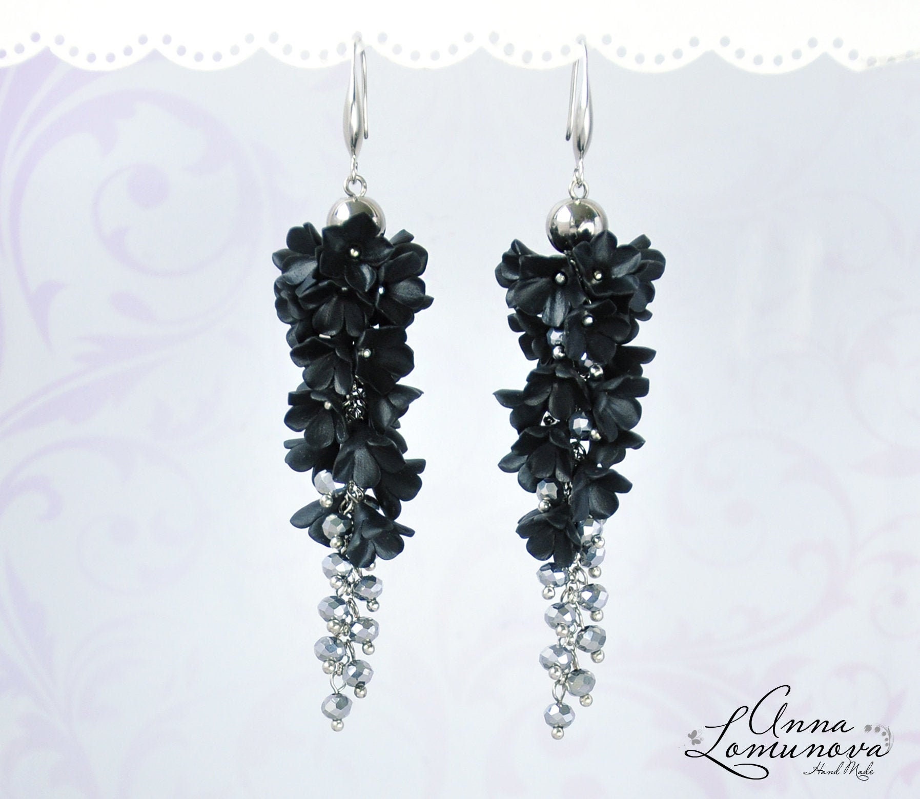 Black silver earrings Black floral earrings Black flower earrings gift Black Statement earrings Evening long earrings Polymer clay earrings