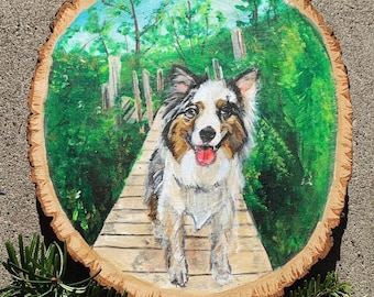 Pet portrait painted wood slice