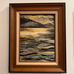 Original oil painting sunset on the lake