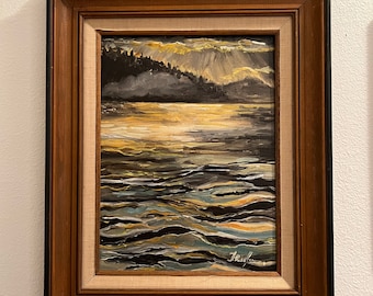 Original oil painting sunset on the lake