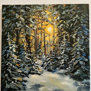 Original acrylic painting sunset in the snowy forest