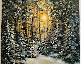 Original acrylic painting sunset in the snowy forest