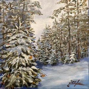 Original acrylic painting winter landscape with Christmas tree