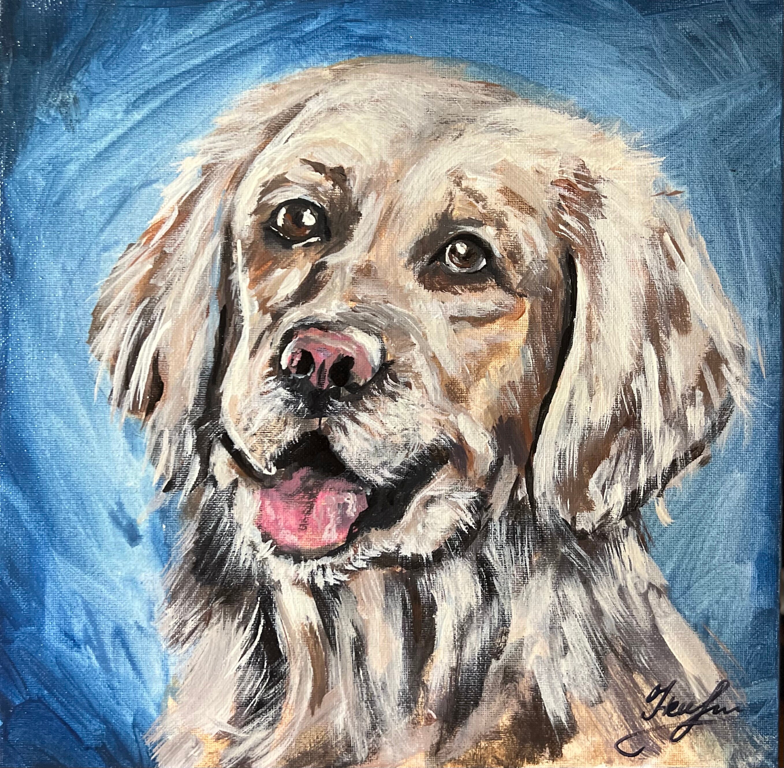 Acrylic painting white dog with pink tongue on clue background