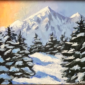 Original oil painting winter landscape with snowy trees