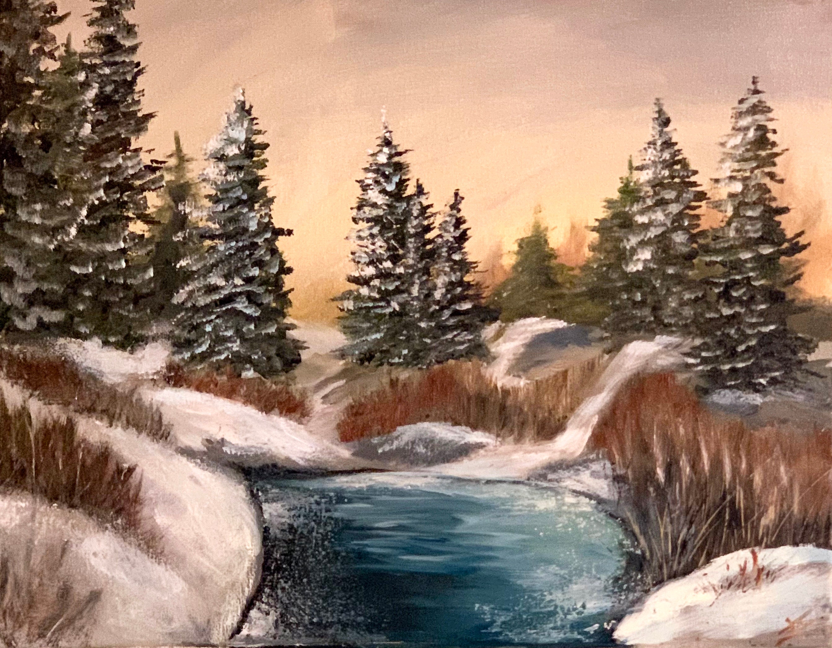 Beautiful Winter Landscape Oil Painting, Pine Trees and River in the