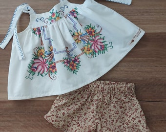 Size 2 girl's cross stitch top and shorts set, upcycled summer set, handmade Australia