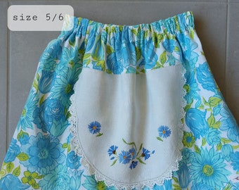 Pretty size 5/6 upcycled blue floral apron skirt, vintage doiley skirt, OOAK, handmade Australia - NOW REDUCED