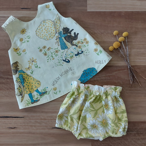 12-18 months baby girl/toddler Holly Hobbie upcycled top and bloomer set, reversible crossover top and bloomer set, , handmade Australia