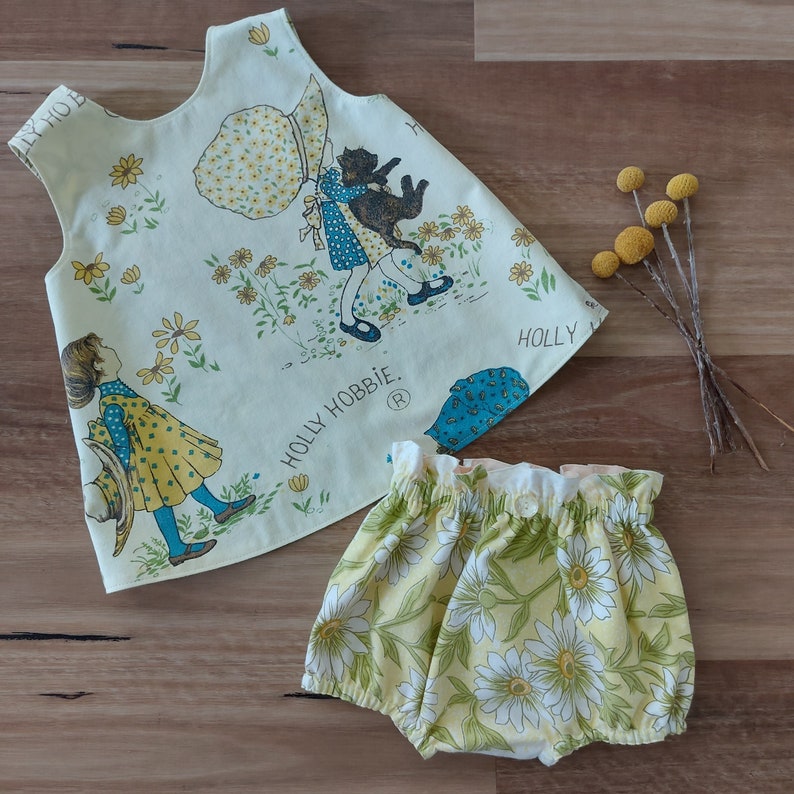 12-18 months baby girl/toddler Holly Hobbie upcycled top and bloomer set, reversible crossover top and bloomer set, , handmade Australia image 1